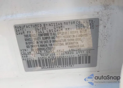 2020 Nissan Sentra Sr Xtronic Cvt z USA, uszkodzony, nr VIN 3N1AB8DVXLY259787